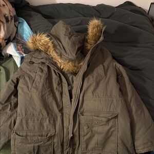 Olive Green Parka with Faux Fur Hood